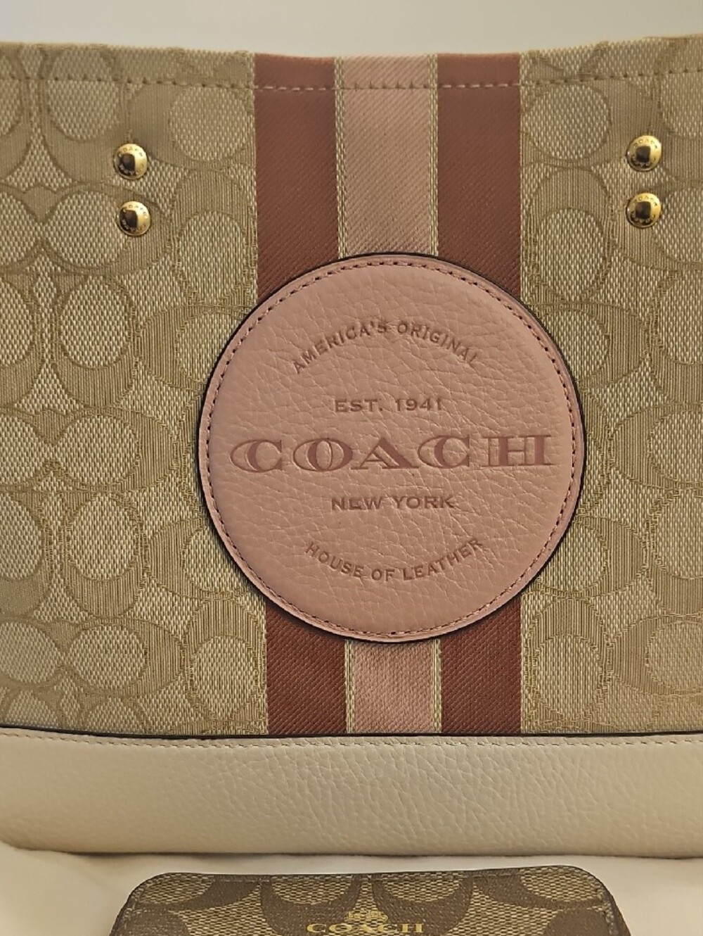 Coach Beige Signature Tote with Pink Stripe and Cream Trim - Picture 2 of 13